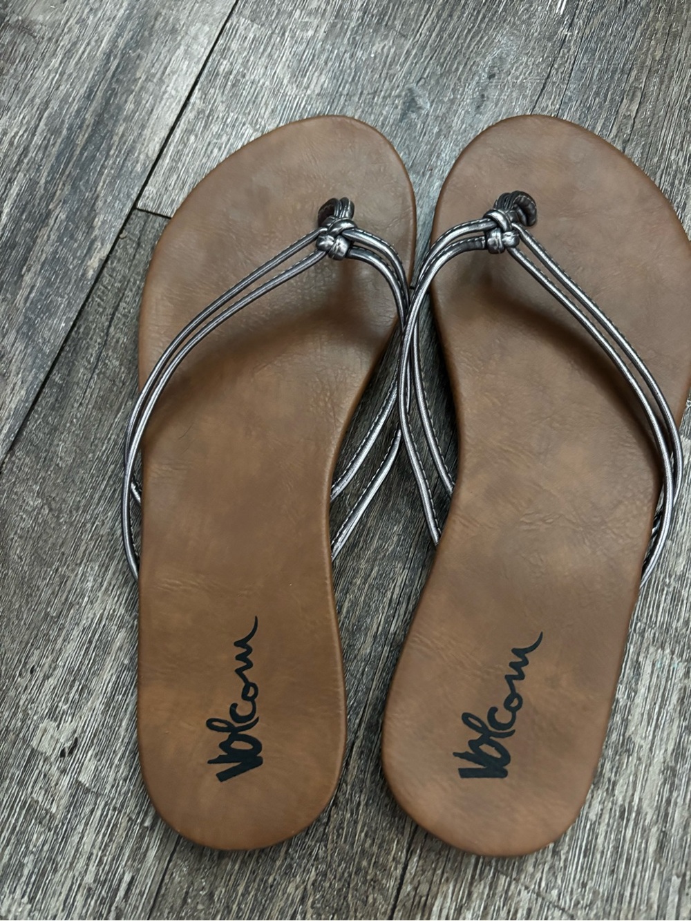 Volcom Women's Brown Footbed Sandals with Metallic Silver Straps